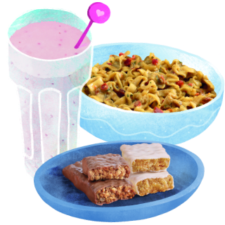 cherry and strawberry shake, chocolate bites and thai noodles